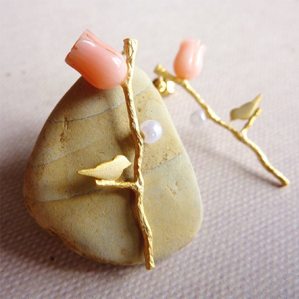 Gold Tree Branch and Bird with Pink Flowers. Sterling Silver Ear Posts. Bridesmaid Gifts. Bridal Party Gifts. Wedding Party Gifts.
