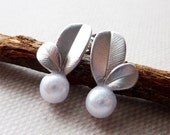 Silver Leaf Sprout with Pearls Earrings. Bridal Earrings. Wedding Jewelry. Bridesmaid Gifts. Bridal Party Gifts. Wedding Party Gifts.