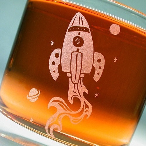 1 Retro Rocket Ship - Etched Lowball Glass