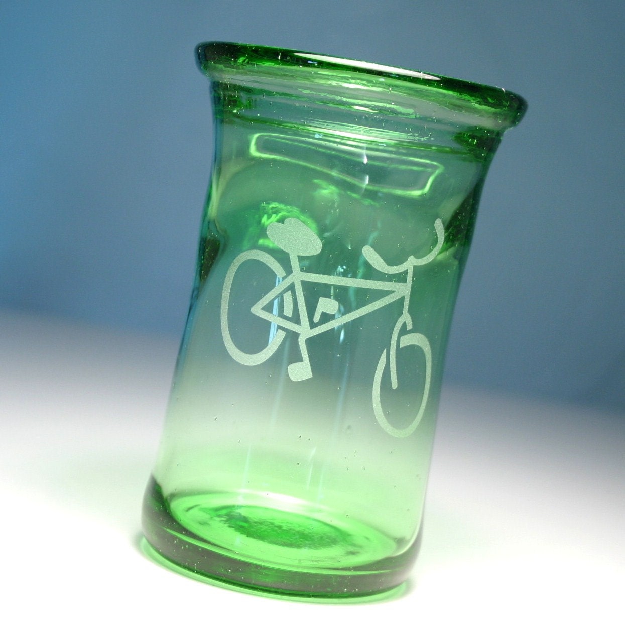 CLEARANCE - Green Bicycle Glass - Hand Blown Recycled Glass Tumbler