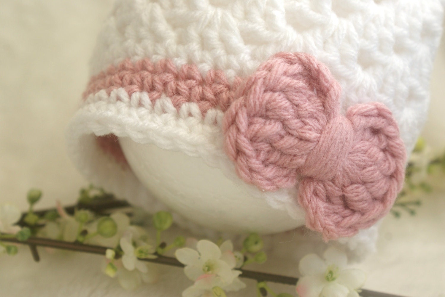 Crochet Baby Hats, Baby Girl Hats, White Hat, Bow Hat