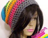 Slouchy Beanie Crochet Hat in Rainbow and Gray Stripes