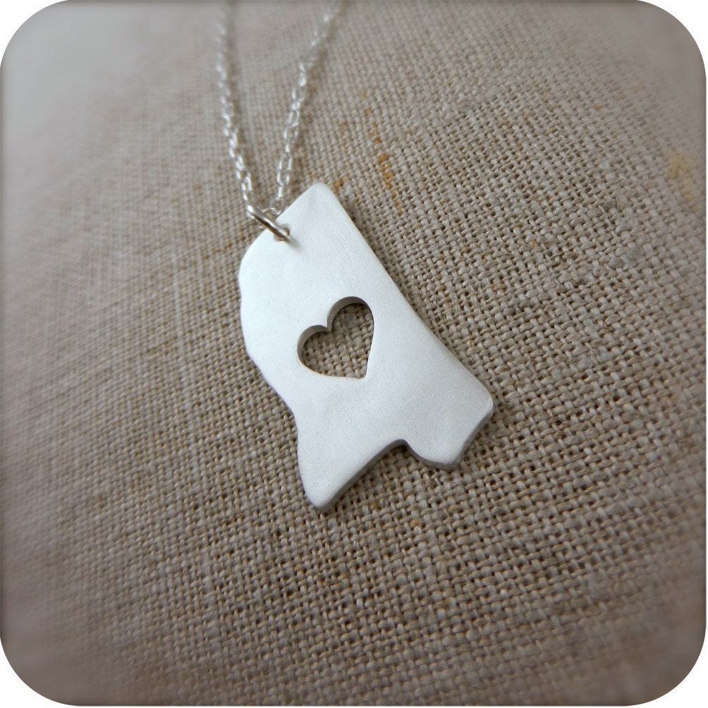 Mississippi State Necklace in Silver with Heart Silhouette - Magnolia State