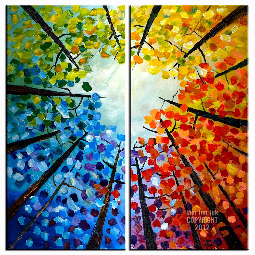 Abstract forest Looking up, Contemporary acrylic painting Autumn Natural Organic Art 48x48x1.6