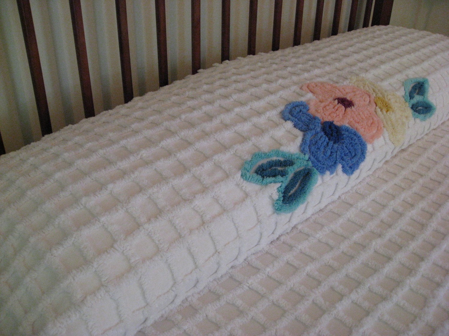 Vintage Chenille Bedspread - Fluffy White with Colorful Flowers Swags and Squares - Full or Queen