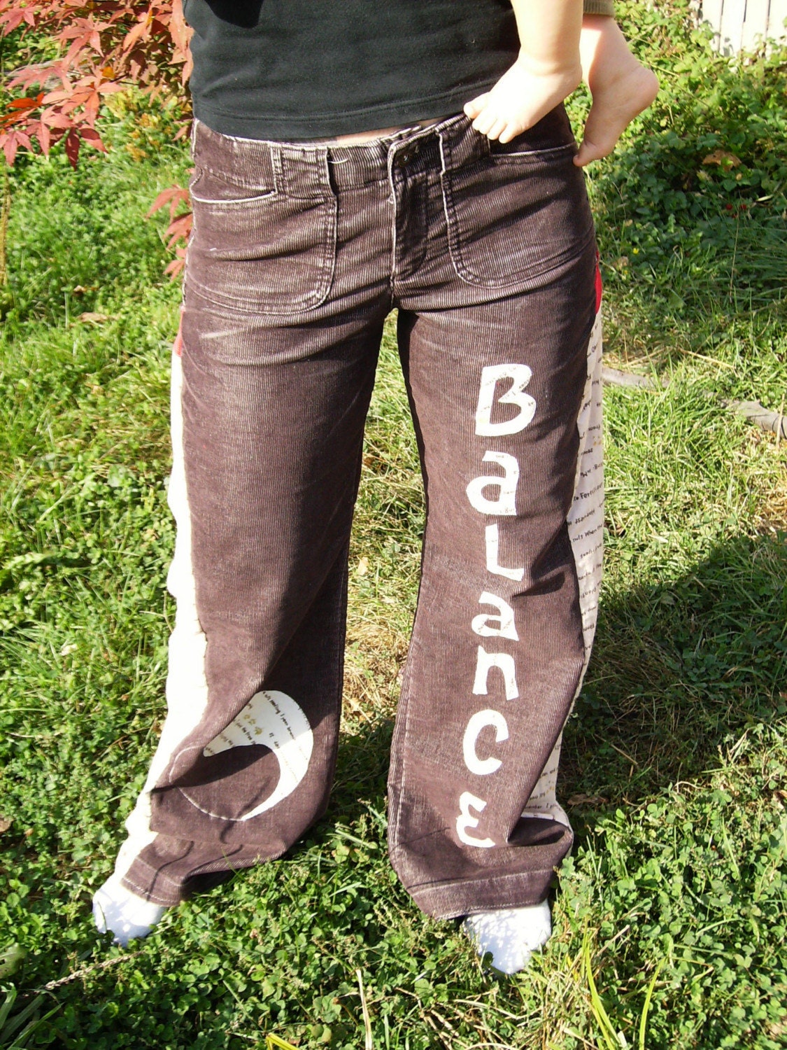 Um Yang Balance hippie patchwork applique cord pants