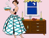 Retro Kitchen Dining Room Print, 8x10, pink