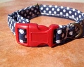 The Brandy - Retro Fabric Navy Blue White Polka Dots Organic Cotton SMALL Dog Collar - All Antique Brass Hardware