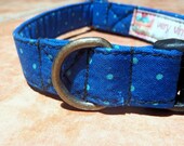 Blue Heaven - Retro Fabric Navy Blue White Polka Dots Organic Cotton MEDIUM Dog Collar - All Antique Brass Hardware