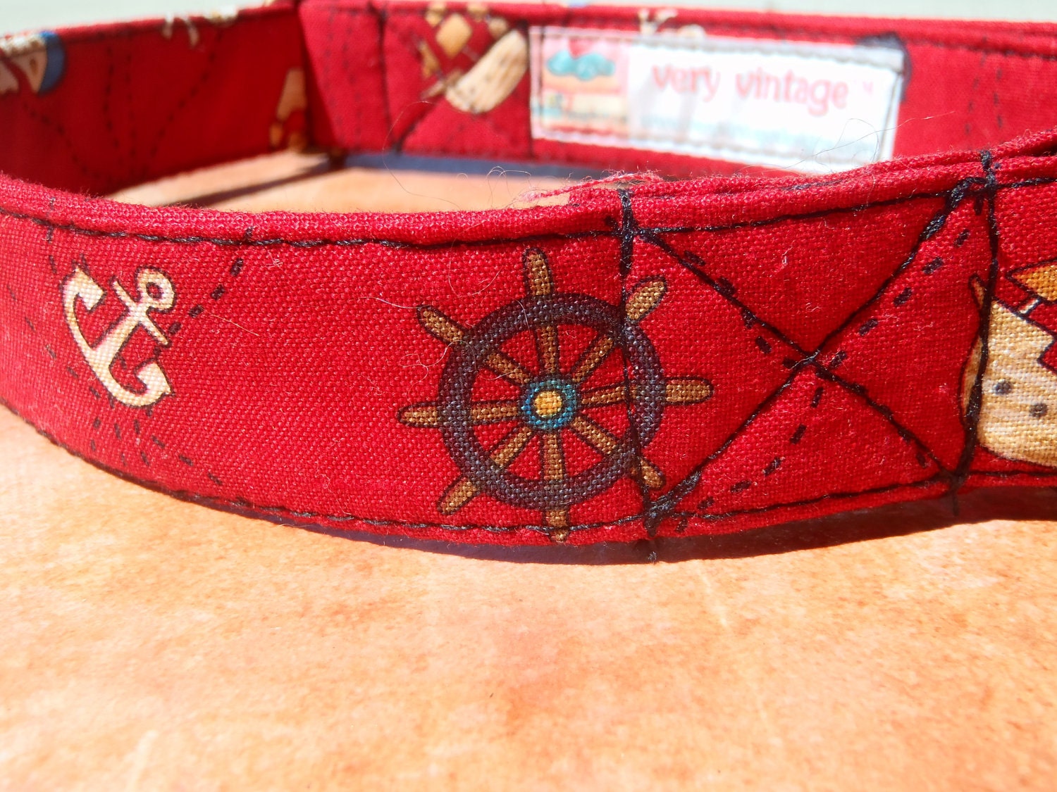 Ship Ahoy - Organic Cotton MEDIUM Dog Collar Nautical Red Retro - All Antique Brass Hardware
