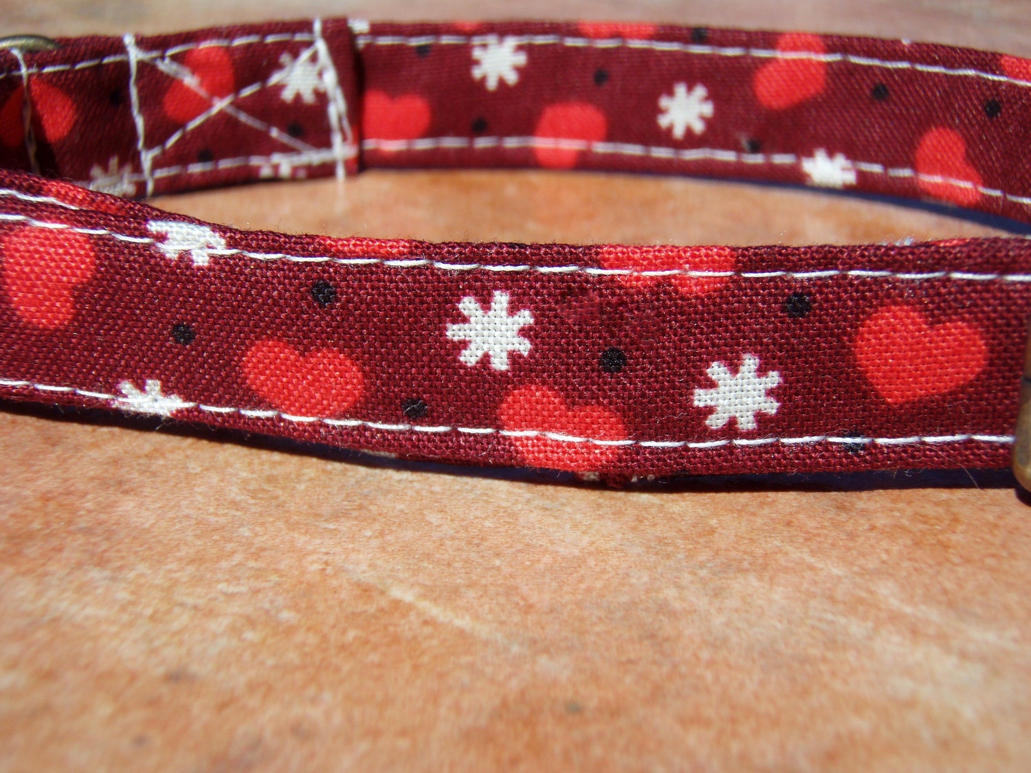Puppy Love - Organic Cotton CAT Collar Breakaway Safety Red Hearts - All Antique Brass Hardware
