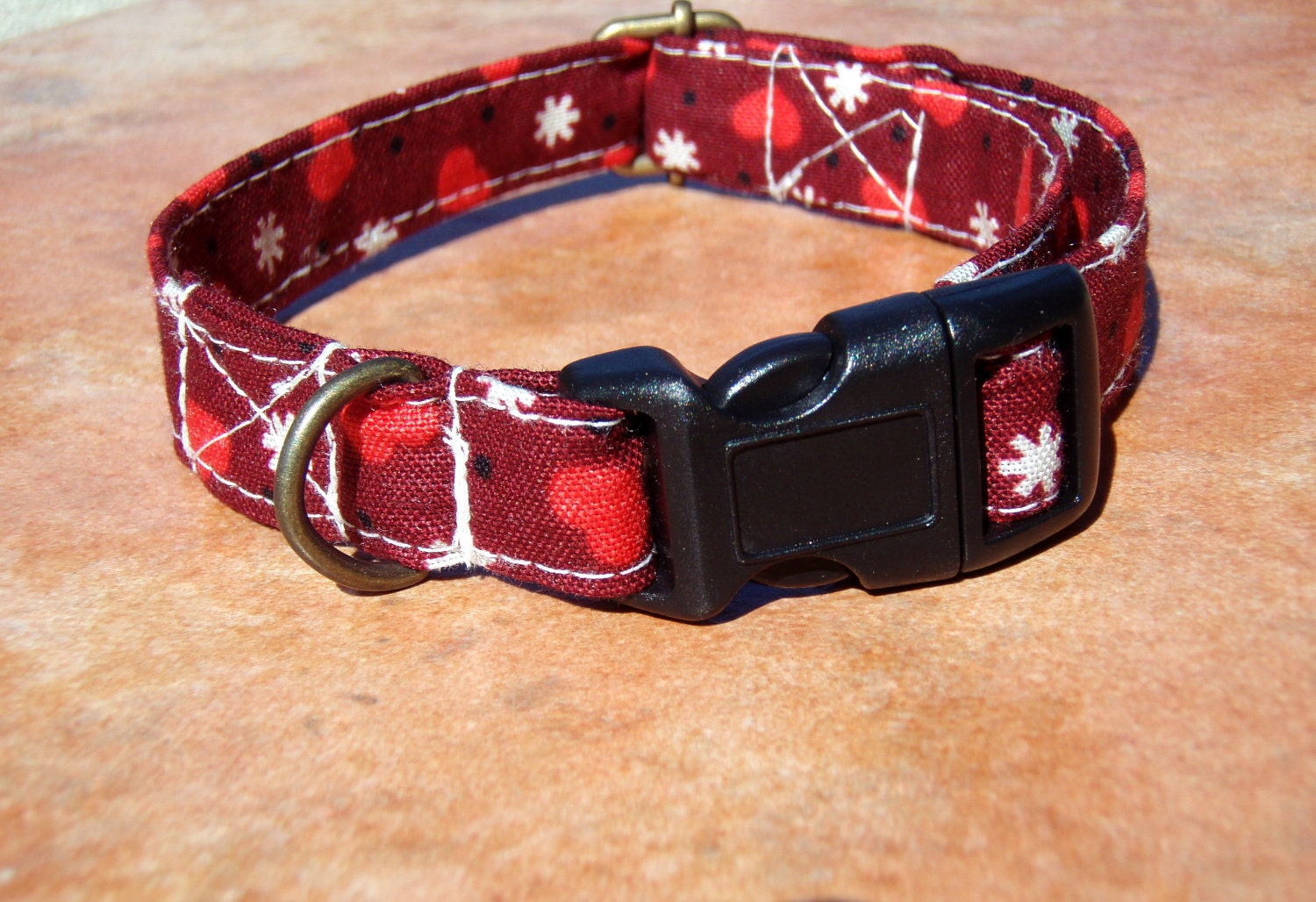 Puppy Love - Organic Cotton CAT Collar Breakaway Safety Red Hearts - All Antique Brass Hardware