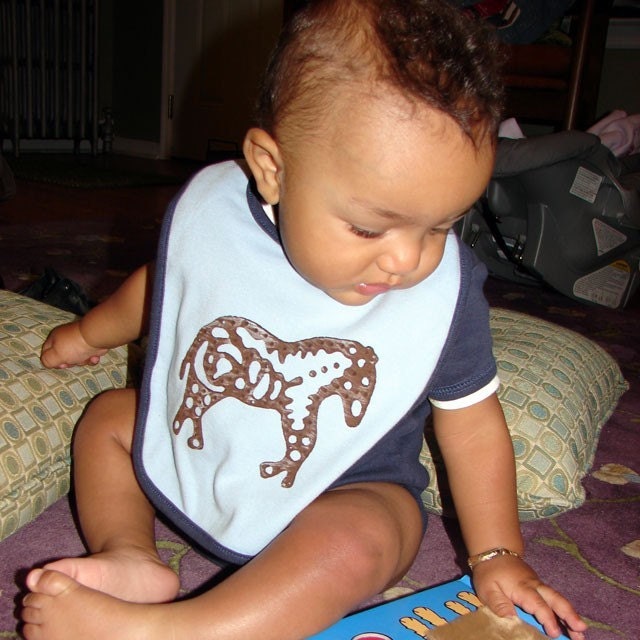 Navy/Baby Blue Horse - Antique Block Printed - Reversible Baby Bib
