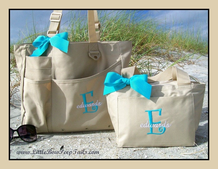 Gift Set - Initial and Name Monogrammed Super Feature Tote and Lunchbox - Personalized Solid Color Book Bag Teachers Travel Briefcase