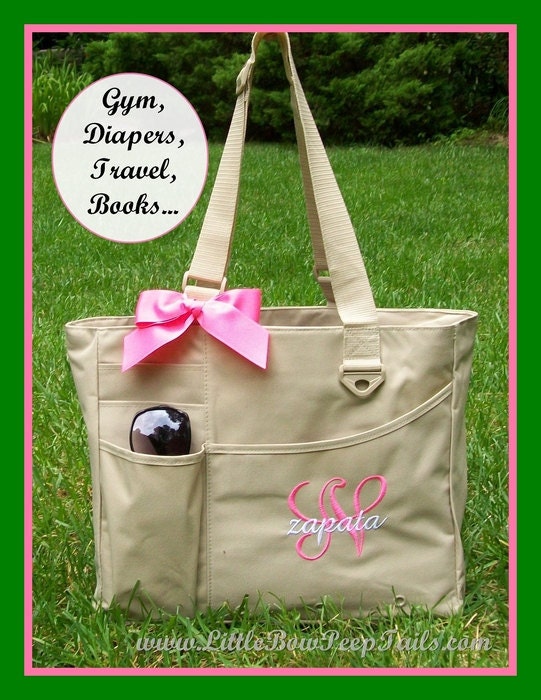 Super Feature Tote - Initial and Name Monogrammed Briefcase- Personalized Diaper Bag Large Size Solid Color Baby Shower Teacher Gift Idea