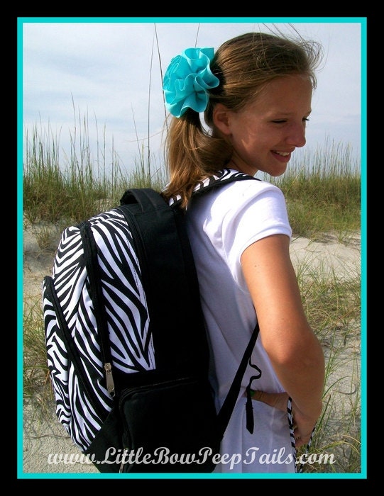 Zebra Monogrammed Backpack Name School Girls Tween Black and White Hot Pink Aqua Blue Personalized Bookbag Book Bag