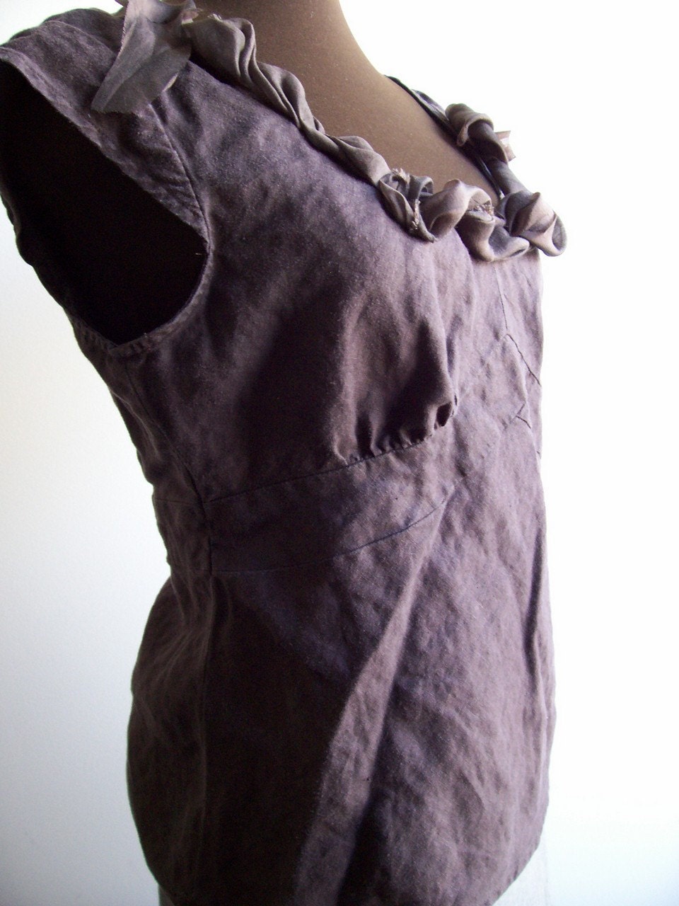 Linen Empire Waist Cap Sleeve Shirt Dark Chocolate Brown with Frill - Cambria