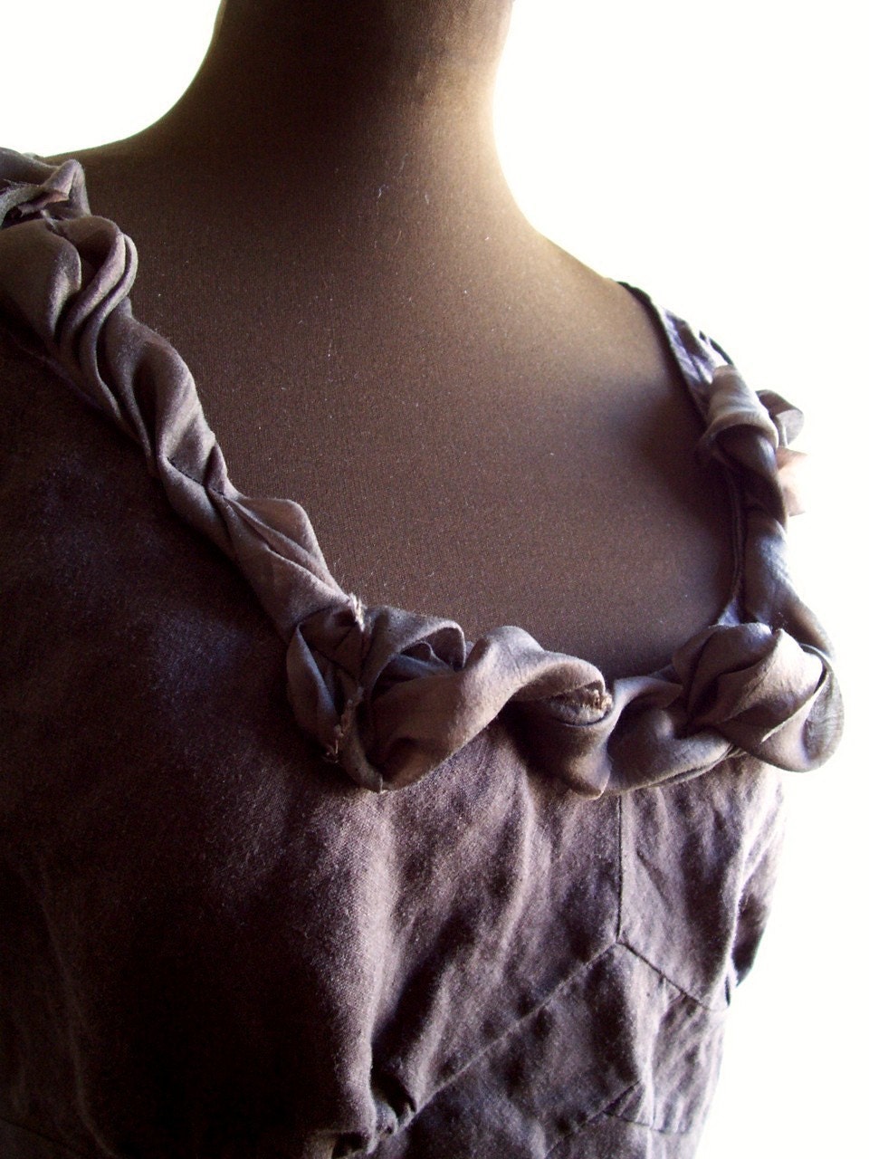 Linen Empire Waist Cap Sleeve Shirt Dark Chocolate Brown with Frill - Cambria