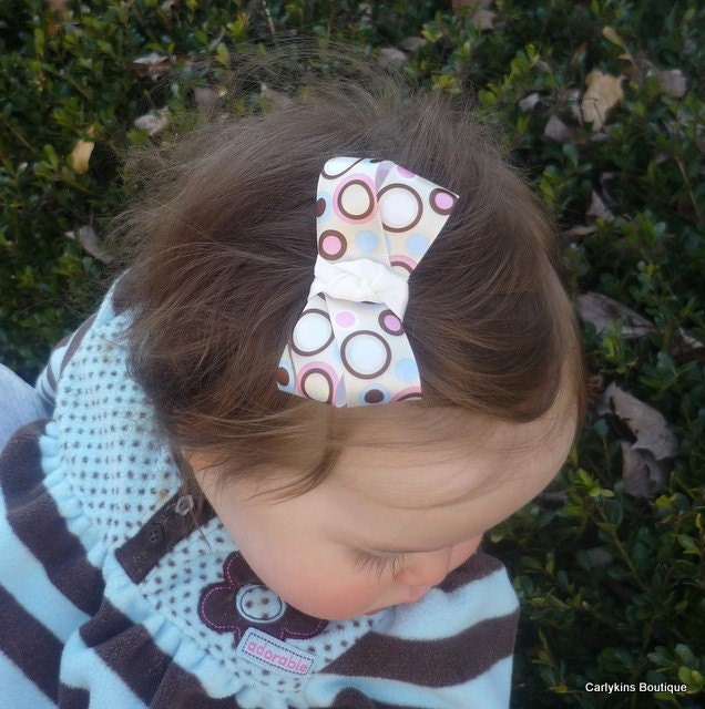 One Large Satin Bow Hair Accessory Snap Clip Beige with Pastel Polka Dots Baby, Toddler Girls