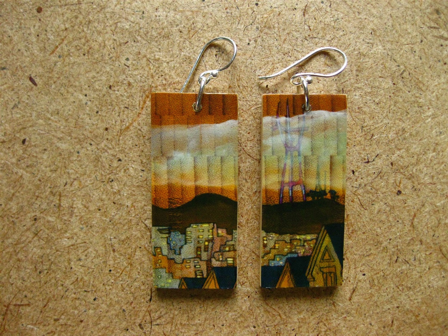 Sutro Tower, .75x1.75 Paper and Wood Earrings