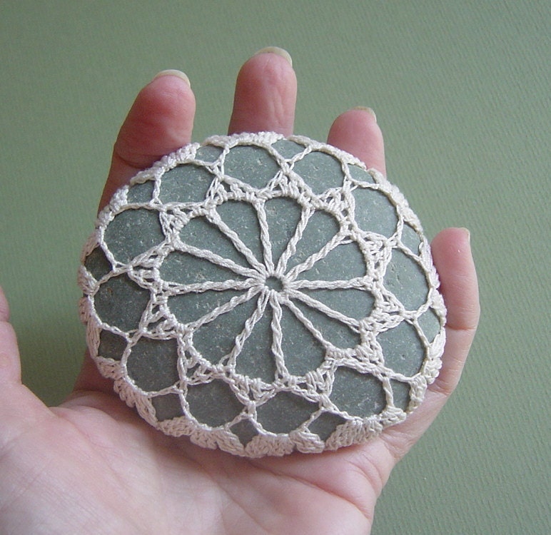 Crocheted Lace Stone, Round, Beige, Handmade by Monicaj