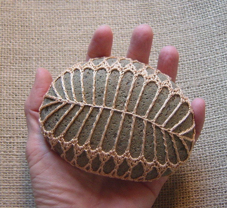 RESERVED Crocheted Lace Stone, Golden Beige, Fern Pattern, Green Speckled Stone