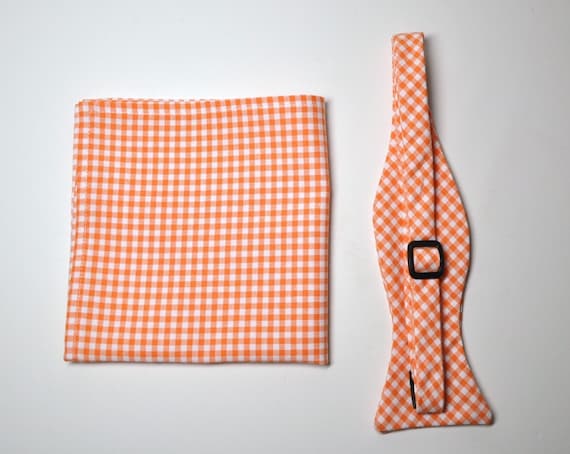 Me and Matilda Everyday Freestyle Bow Tie and Pocket Square Set Orange Gingham Lots of Colors Available