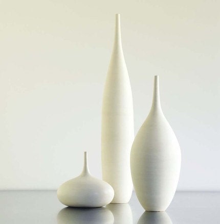 Large White Modern Ceramic Bottle Vase Trio by Sara Paloma - sarapaloma