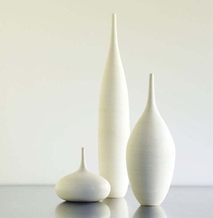 Large White Modern Ceramic Bottle Vase Trio by Sara Paloma