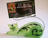 Photo Holder/Business Card Holder  Fused Glass (Scrap Daddy Cat in Green)
