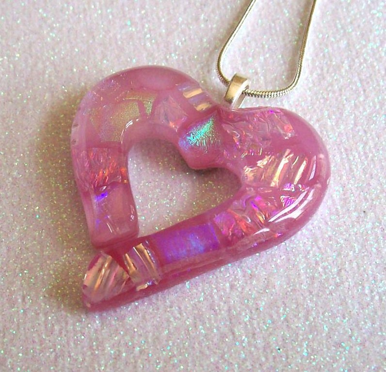 Fused Glass Dichroic Heart Pendant (Blushing Pink Cutout)
