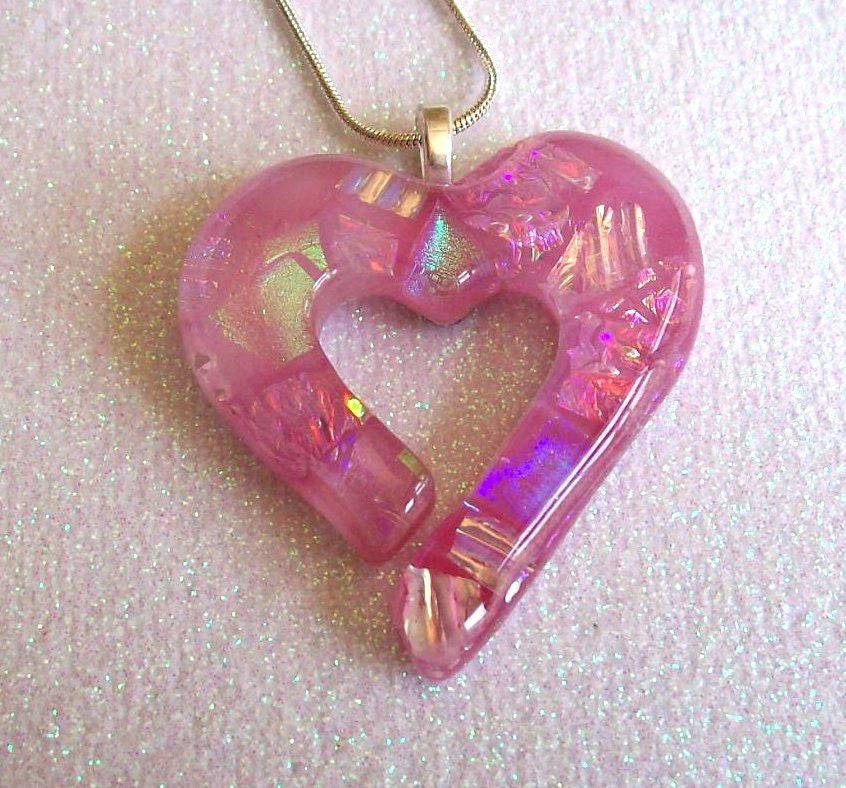 Fused Glass Dichroic Heart Pendant (Blushing Pink Cutout)