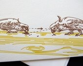 Letterpress greeting card SET of 6, bird shooting daggers