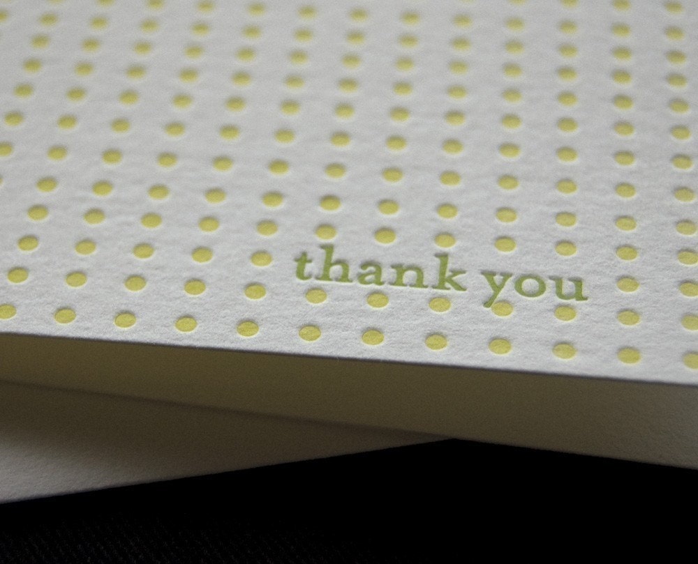 Letterpress greeting cards, thank you in green and yellow, SET