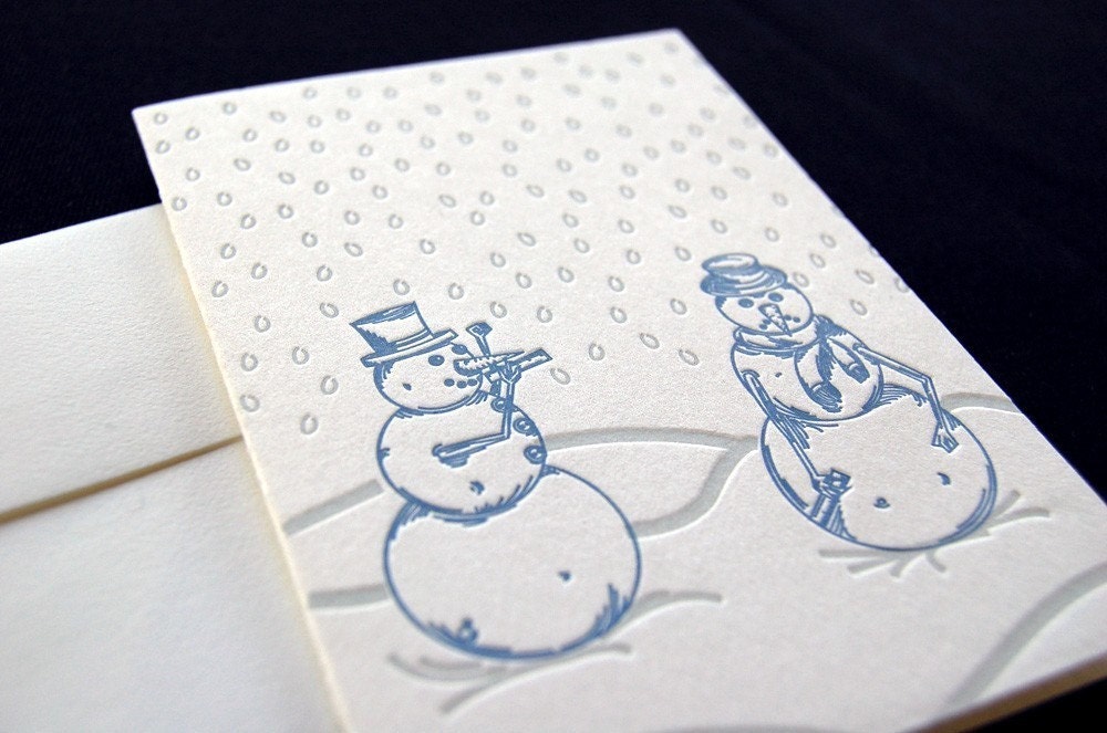 Letterpress holiday card SET, snowmen, carrot envy