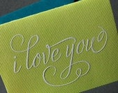 I Love You, green pinstripe, letterpress card