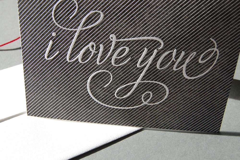 I Love You, black pinstripe, letterpress card