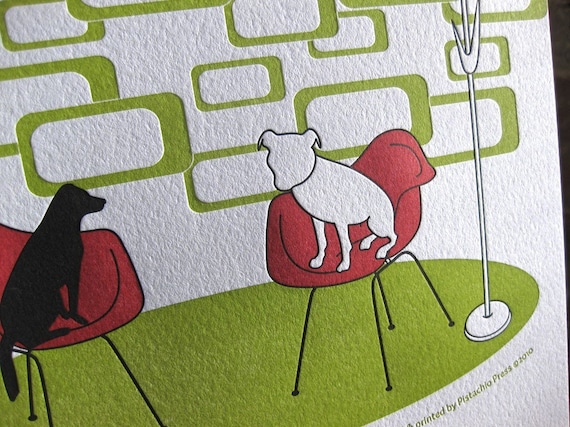 Dogs on Mod Chairs, limited edition letterpress