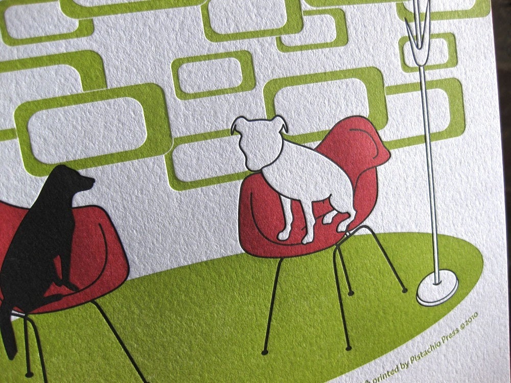 Dogs on Mod Chairs, limited edition letterpress