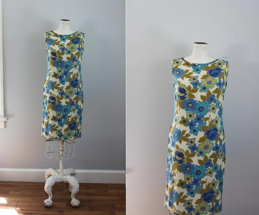 1960s Bella Donna blue and green floral linen pullover shift dress -SM