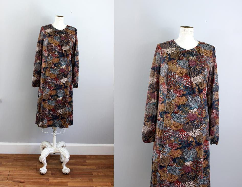 1970s SPRING FOREST earthy printed dress -SM