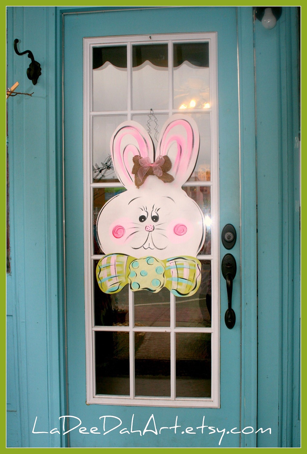 READY TO SHIP Large Wooden Easter Bunny Door Hanger Decor Art Hand Painted