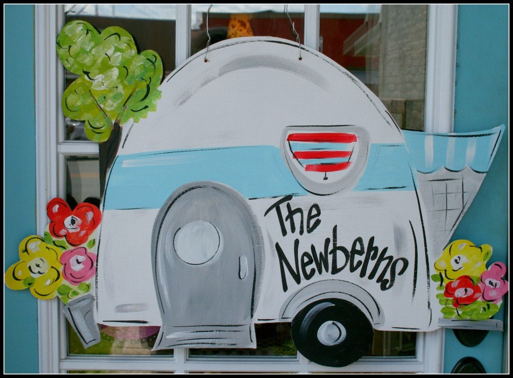 READY TO SHIP  Large Camper Wooden Door Hanger Decor Art Hand Painted