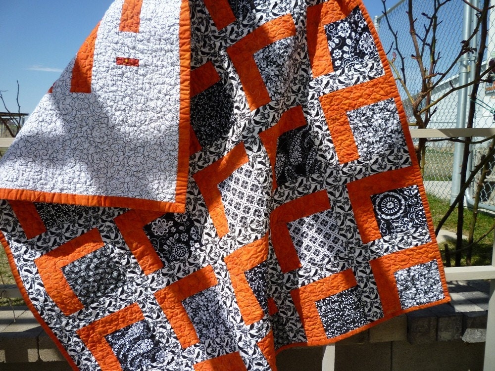 SALE Picnic quilt in orange and black.