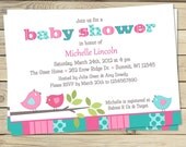 Girl Baby Shower Invitation- Aqua Pink Birdie