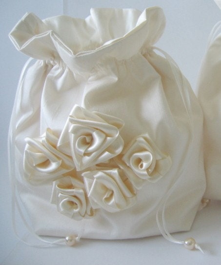 Exquisite Ivory Dupioni Silk Purse with Handmade Ribbon Roses