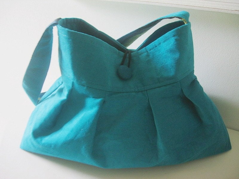 Turquoise Corduroy and Vintage Barkcloth Bag Handmade