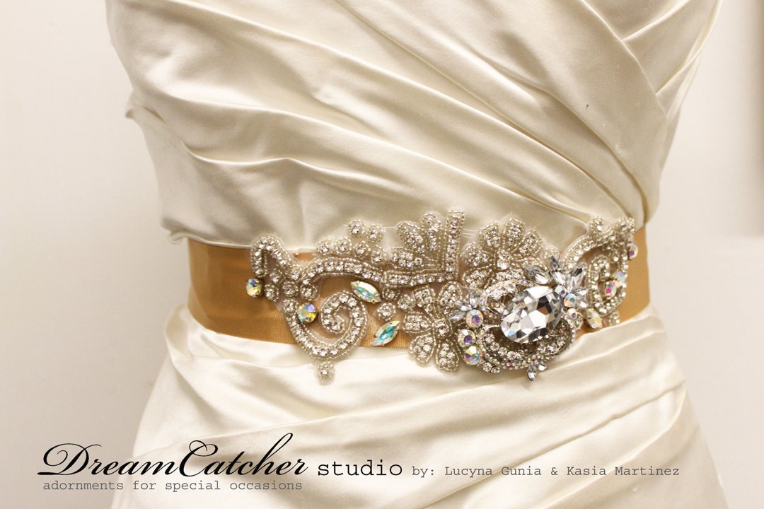 Kimberly Swarovski crystal bridal sash, crystal bridal belt on gold ribbon, wedding sash