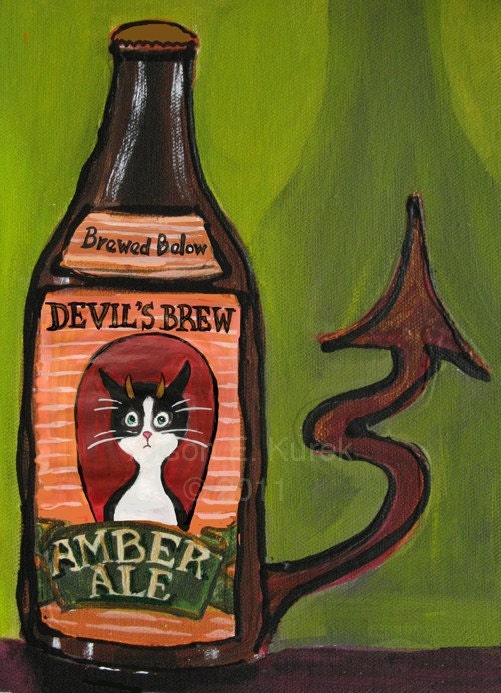 Cat Art - Tuxedo Cat Devils Brew Beer  - 8x10 Print