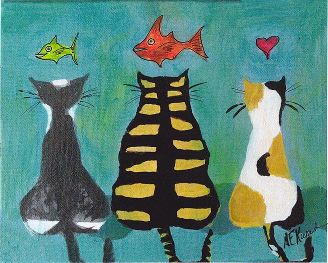 Cat Art - Three Cats with Fish -  8x10 Print